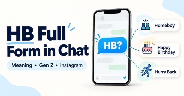 HB full form in chat illustrated with a smartphone and message bubbles showing Homeboy, Happy Birthday, and Hurry Back.